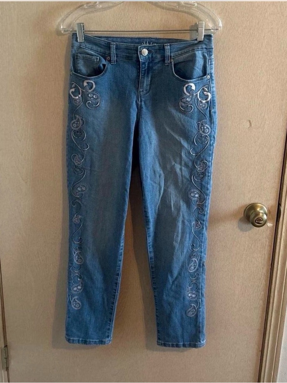 Style & Co. Blue Curvy Boyfriend Jeans with Pink Embroidery